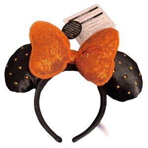 Tokyo Disney Resort Halloween Minnie Ears Headband Black Orange Sequins Bow NEW